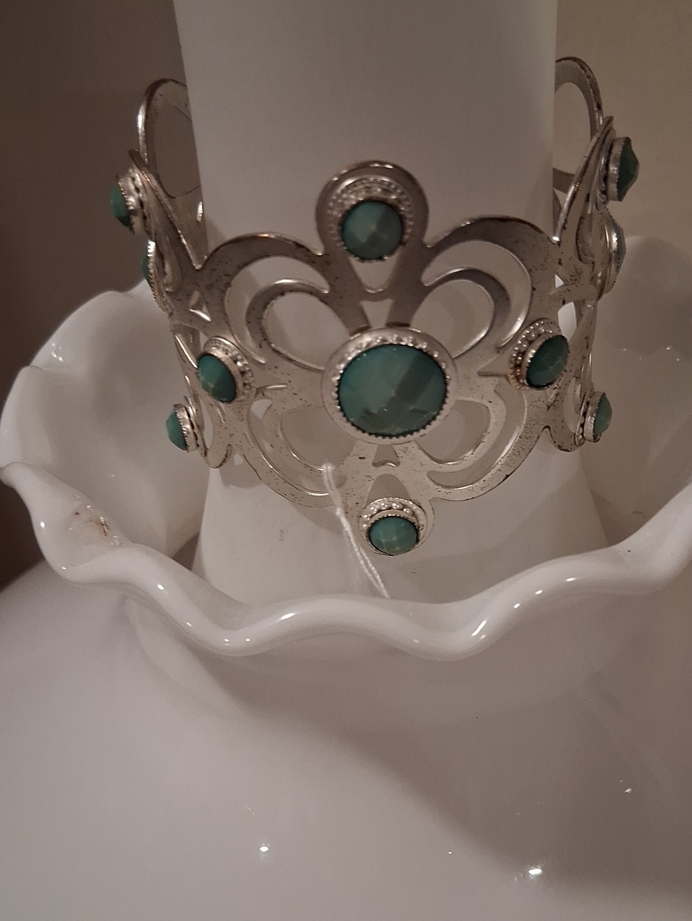 Silvertone & Aqua Blue Green Floral Cuff Bracelet